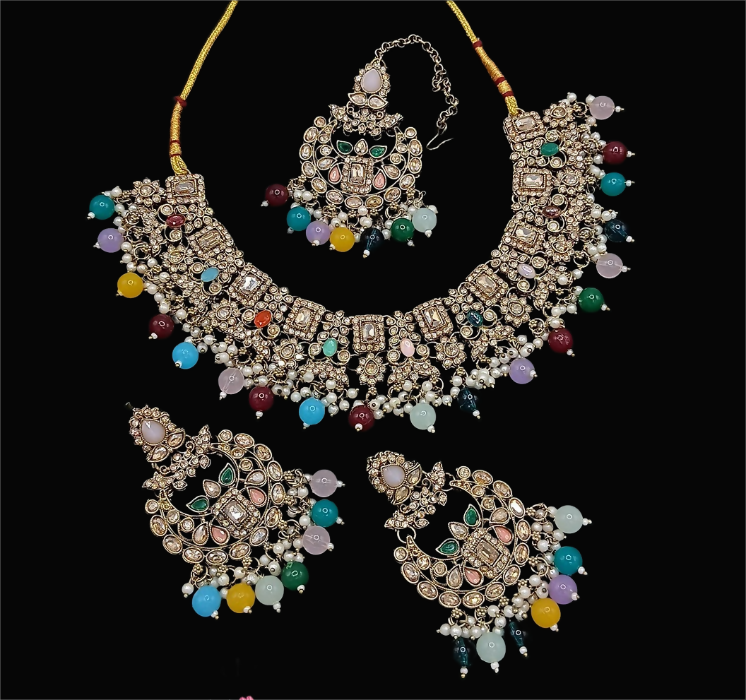 Traditional multi stone necklace set for women with detailed ethnic design