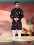 Men's blue velvet Indo-Western kurta set featuring heavy multi-colour embroidery detail