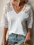 Women's V-Neck Lace Sleeve Blouse Casual Summer Top - Image 39