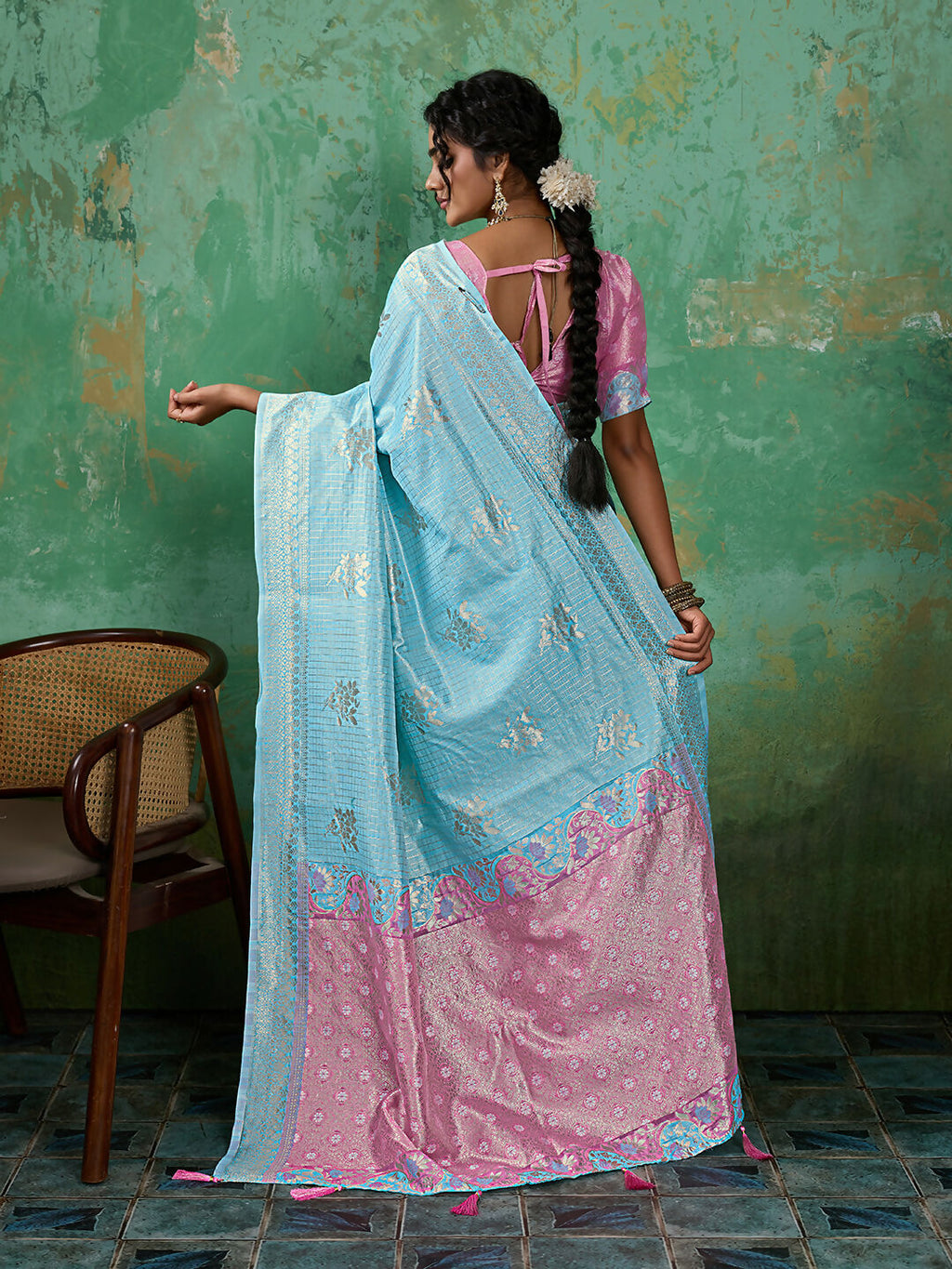 Sky Blue Linen Cotton Saree with Matching Blouse