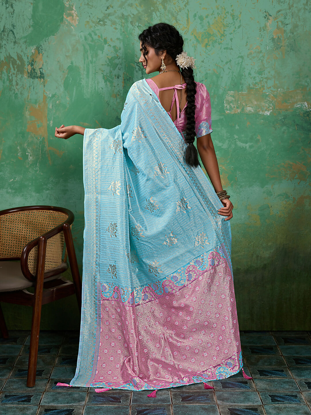 Sky Blue Linen Cotton Saree with Matching Blouse