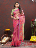 Magenta Kanjivaram silk saree with gold zari woven detailing draped elegantly