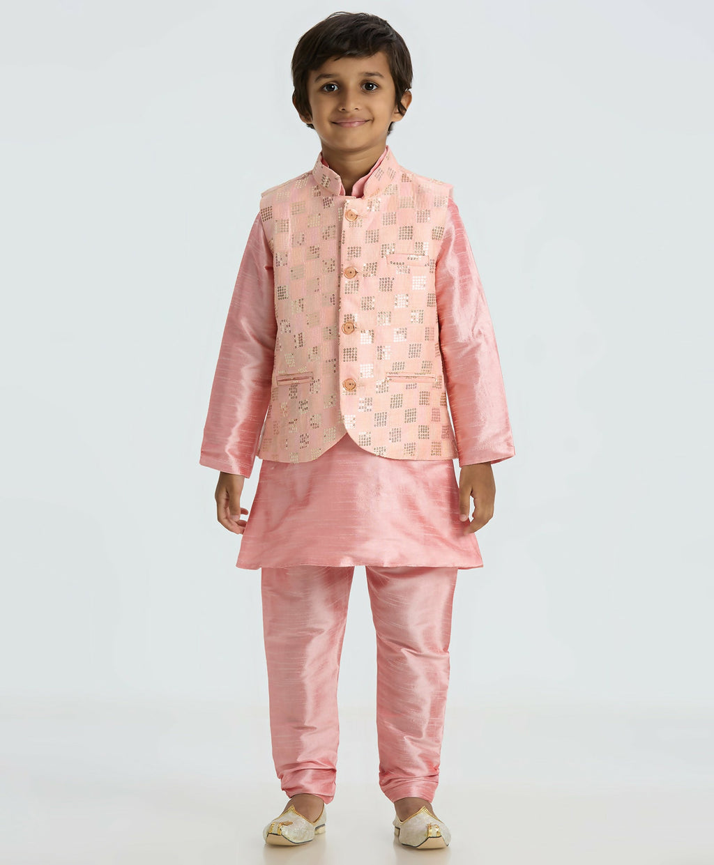 Pink Kurta Pyjama set for kids with sequin embellished Nehru jacket