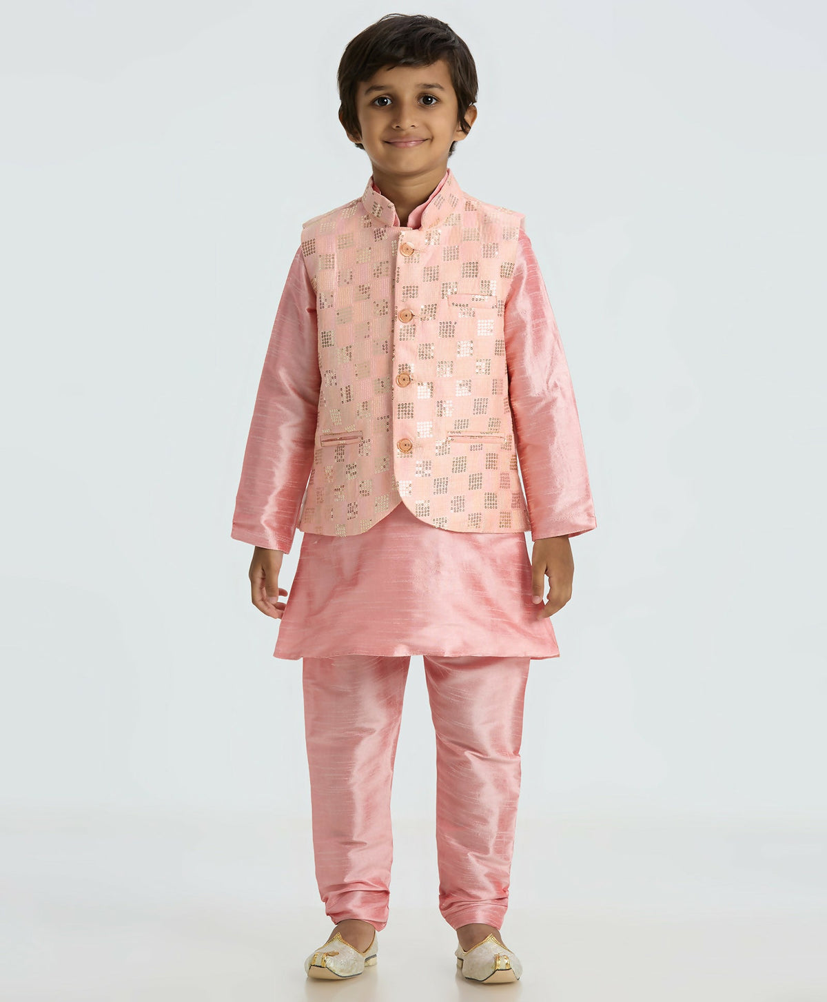 Pink Kurta Pyjama set for kids with sequin embellished Nehru jacket