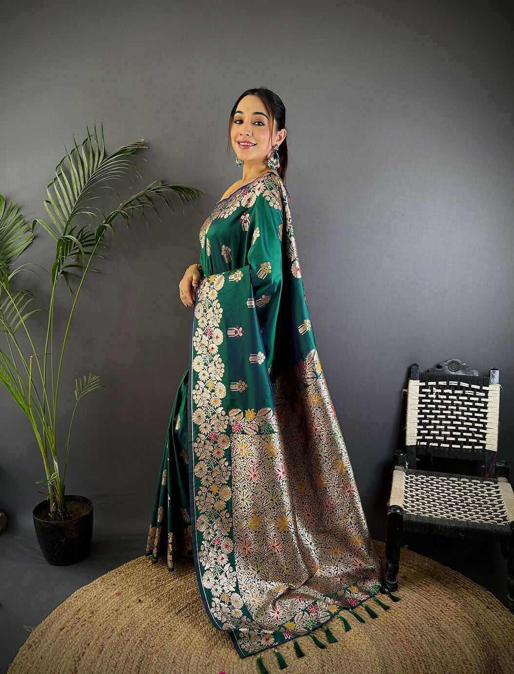 Teal Green Meenakari Woven Soft Silk Saree