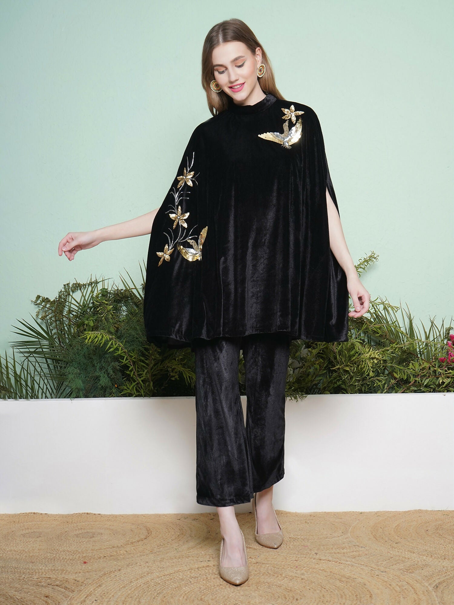 Joban Fashion Black Hand Embellished Cape Style Kurta with Bellbottom Pants