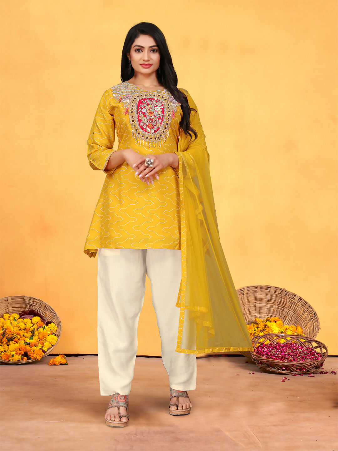 Mustard pure viscose Dola kurta set with handwork and organza dupatta