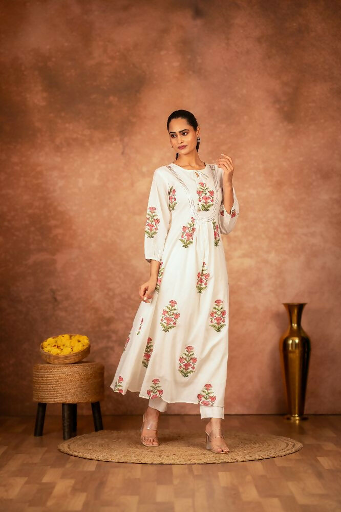 Off White & Pink Floral Hand Block Printed Cotton Kurta Set