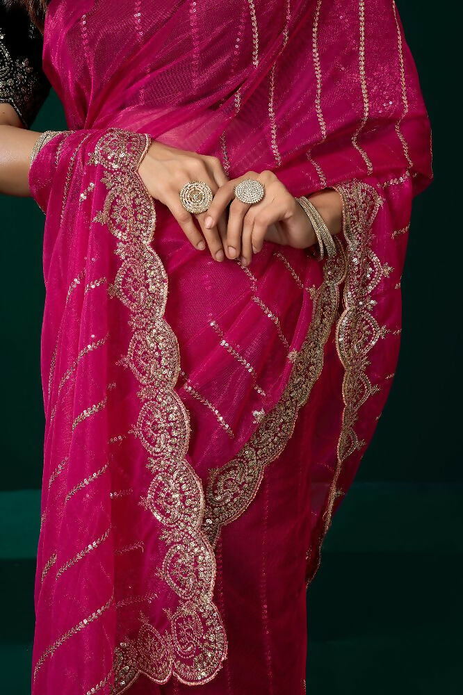 Rani Pink Net Party Wear Saree with Black Velvet Blouse