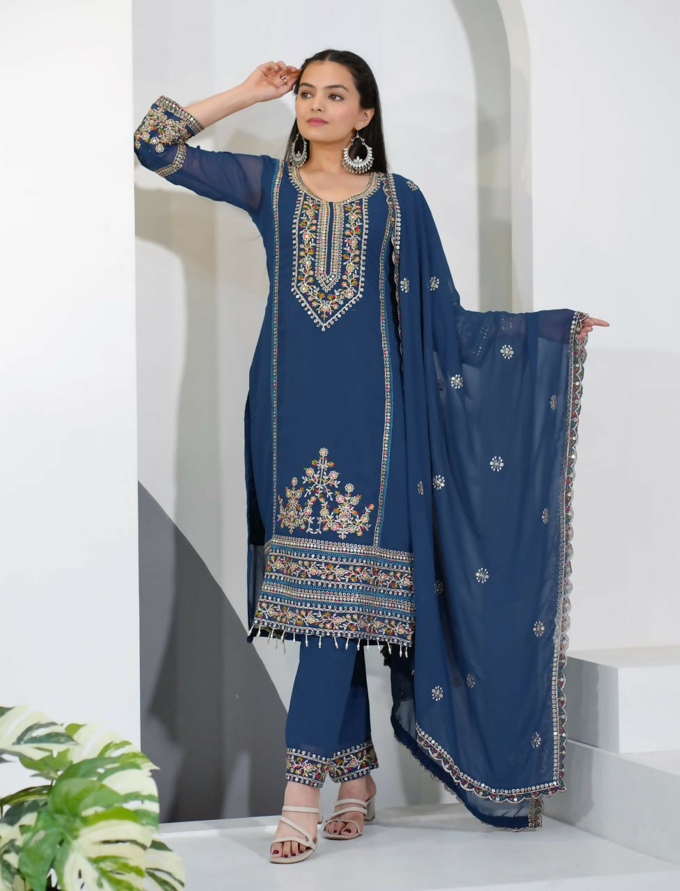 Blue Georgette Embroidered Kurti Set with Matching Pant & Dupatta