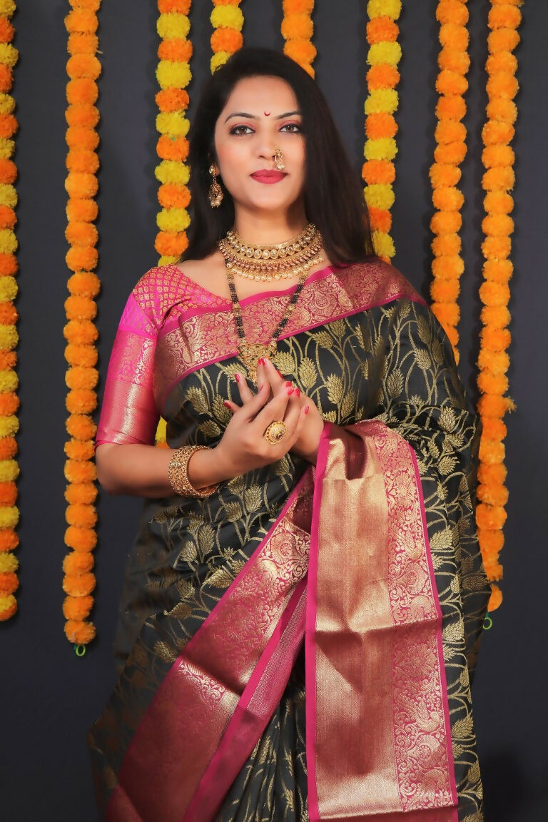 Black Kanjivaram Silk Zari Woven Saree with Pink Blouse