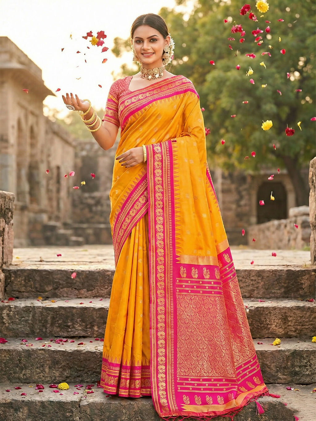 A beautiful yellow soft silk saree with a matching blouse piece