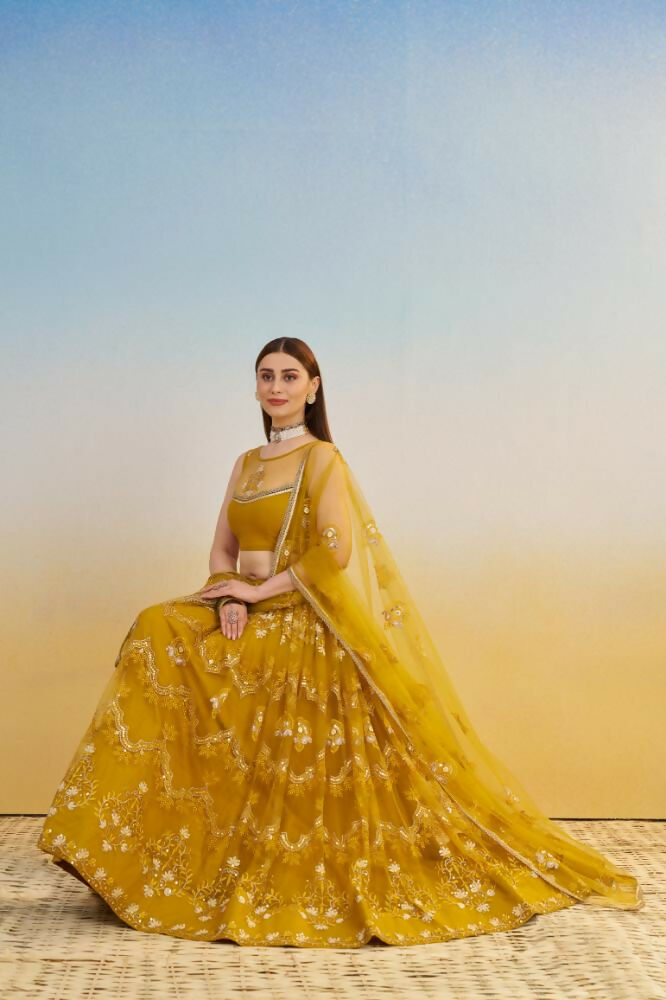 Mustard Yellow Butterfly Net Lehenga with Sequence Embroidery