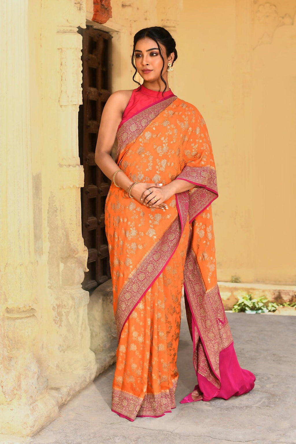 Orange Crepe Chiffon Pure Handloom Banarasi Silk Saree