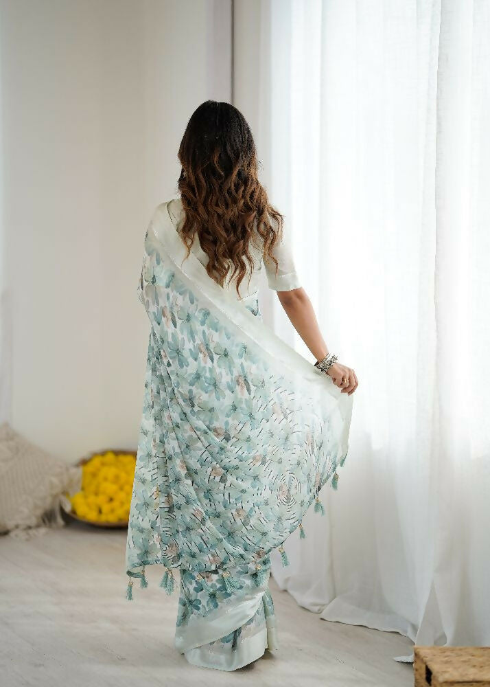 See_Green Bright Moss Satin Patta Printed Saree with Blouse