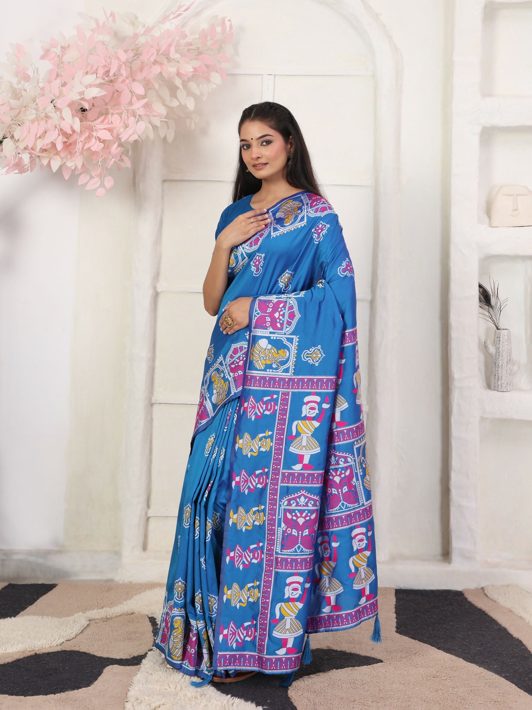 Silk Blend Blue Saree with Matching Blouse Fabric