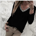 Women's Black Long Sleeve V Neck T-Shirt with Sequin Trim - Image 4