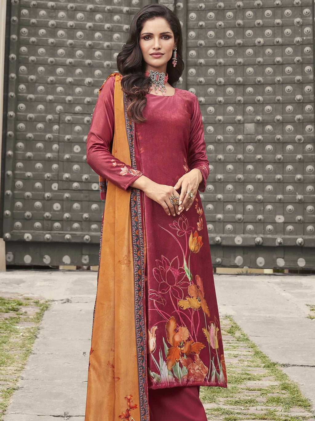 Women's Red Velvet Floral Digital Printed Straight Kurta Set