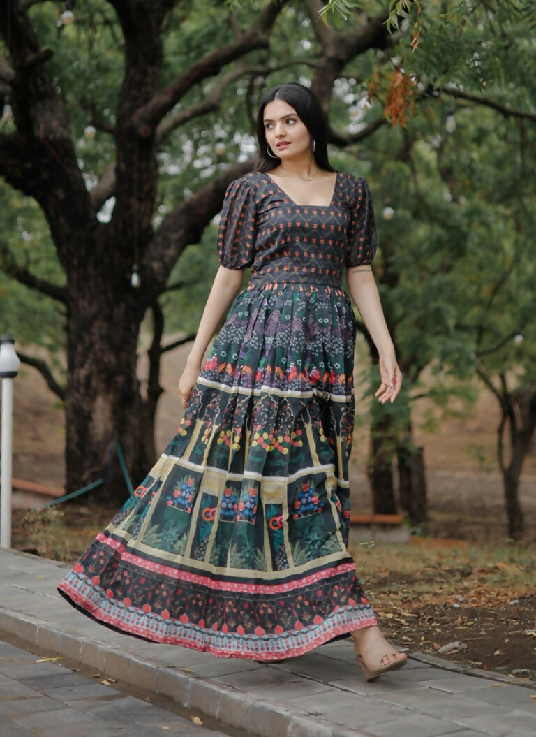 Black Heavy Digital Printed Pure Chanderi Floor Length Anarkali