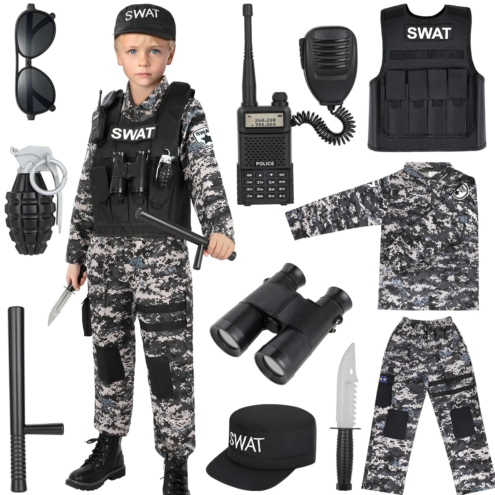 Luucio Swat Police Officer Costume for Kids Police Costume for Kids with SWAT Costume SWAT Vest Halloween Costume for Boys Role Play Kit for Boys Girls