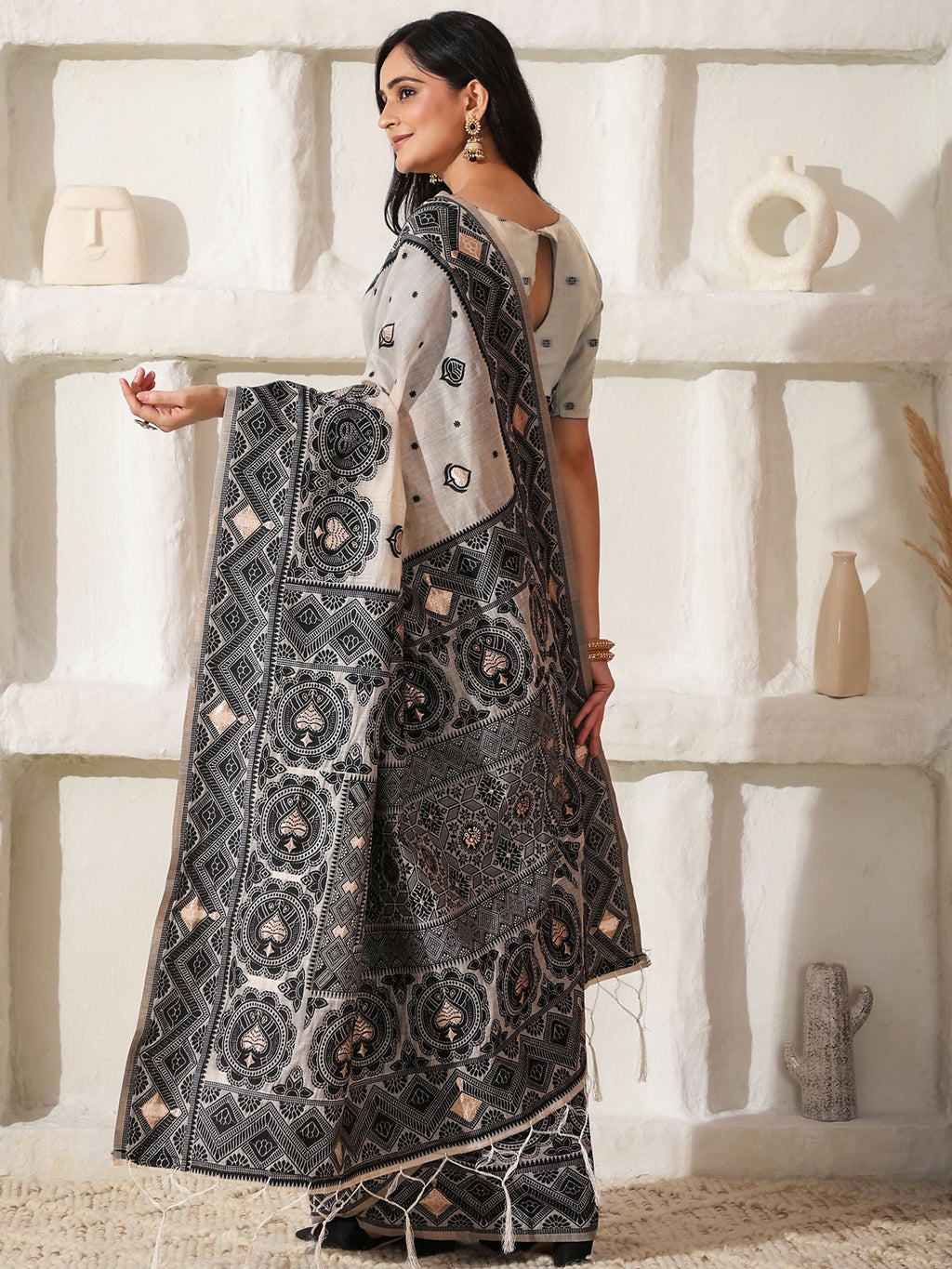 Black and Cream Linen Cotton Saree with Matching Blouse