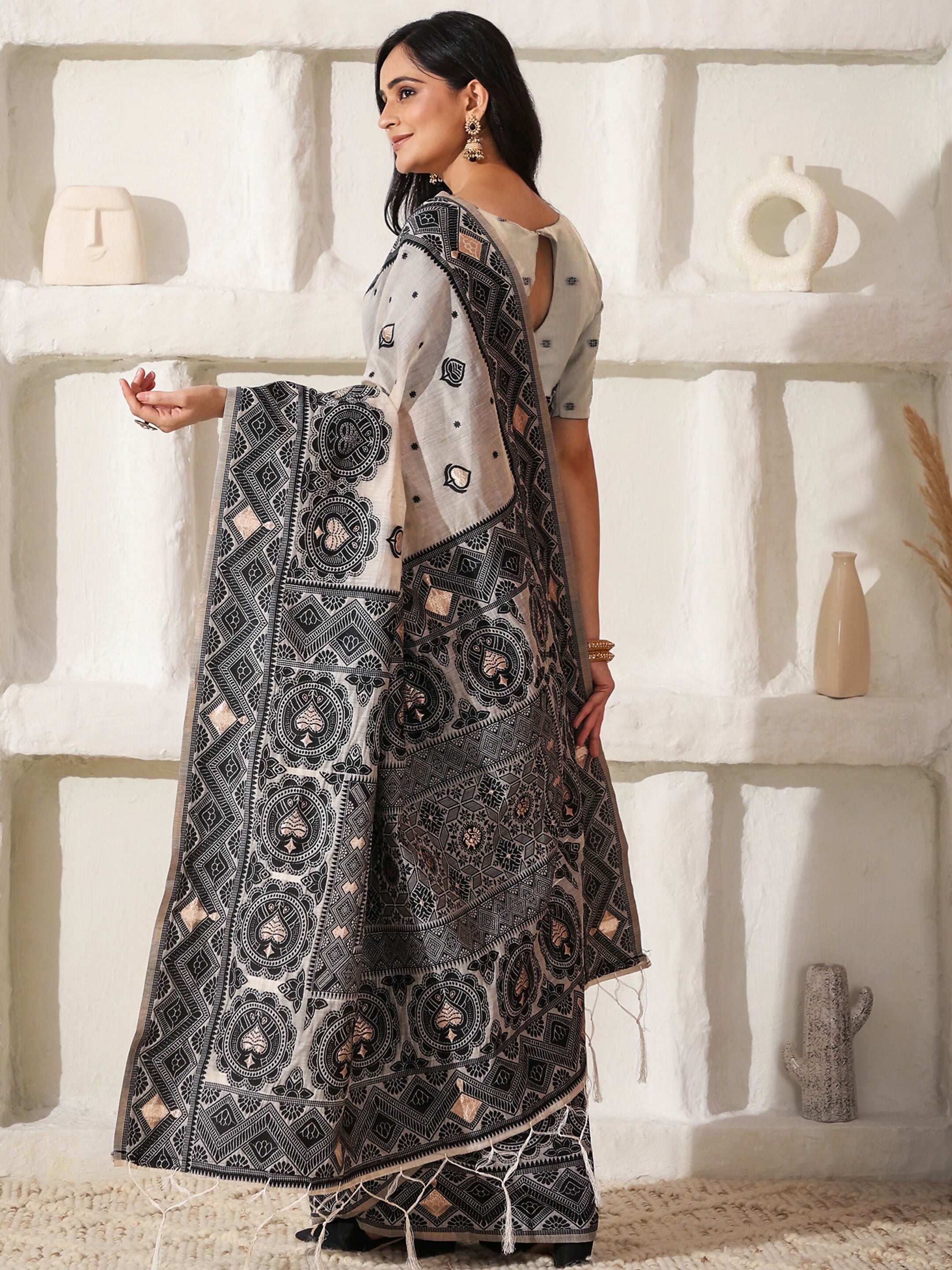 Black and Cream Linen Cotton Saree with Matching Blouse