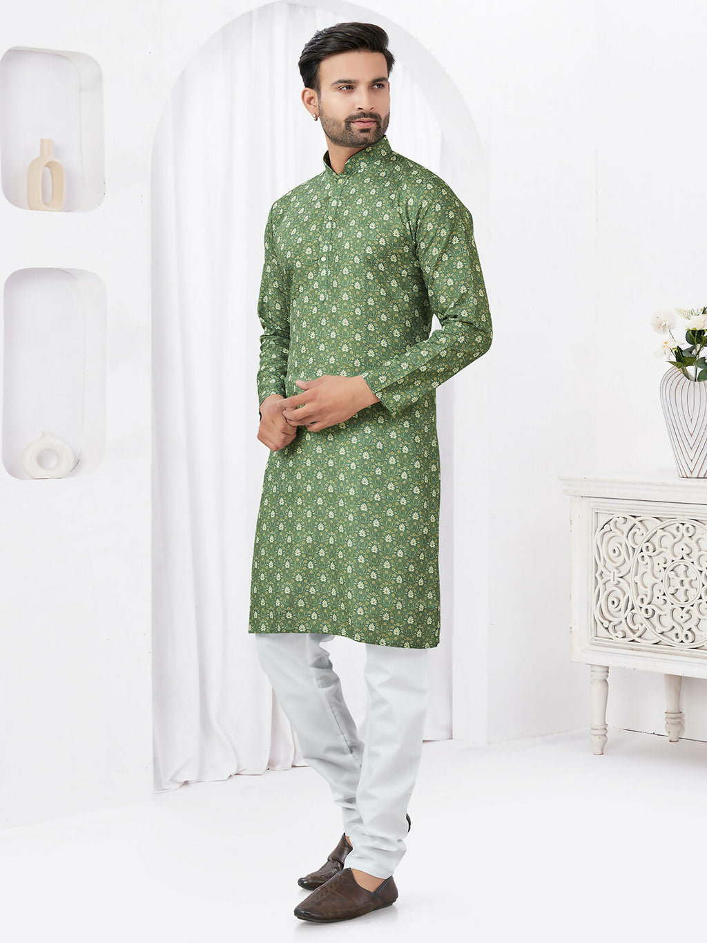Green Rayon Cotton Printed Kurta Pyjama Set for Boys