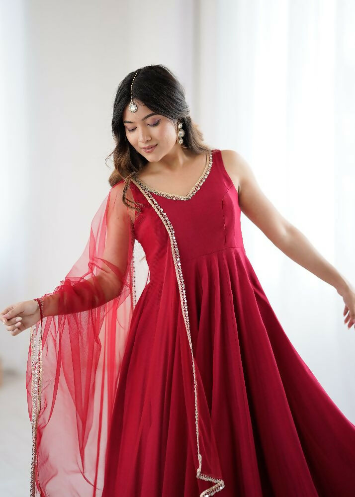 Maroon Chanderi Kurta Set with Sequence Embroidery Work