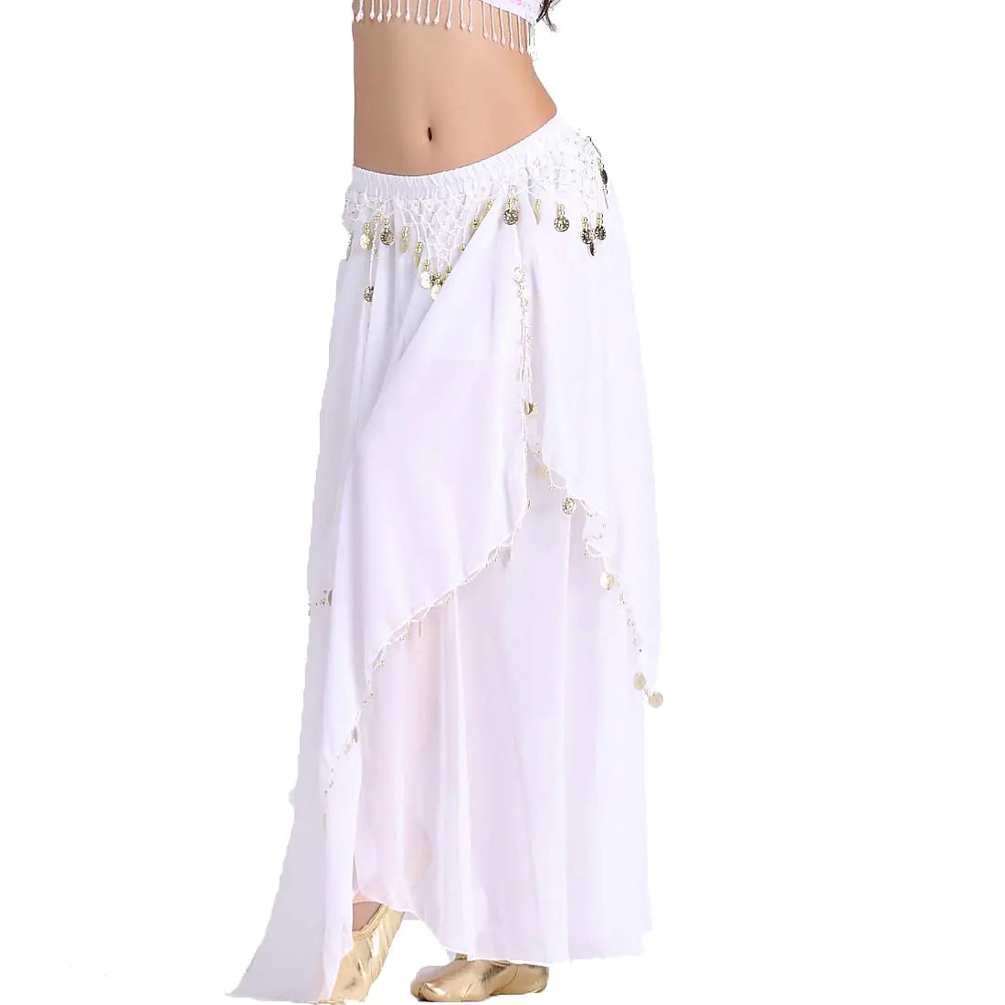 ZLTdream Womens Belly Dance Chiffon Skirt With Coins White One Size