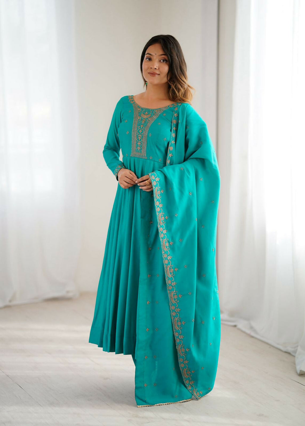 Rama Chanderi Kurta Set with Sequence Embroidery Work