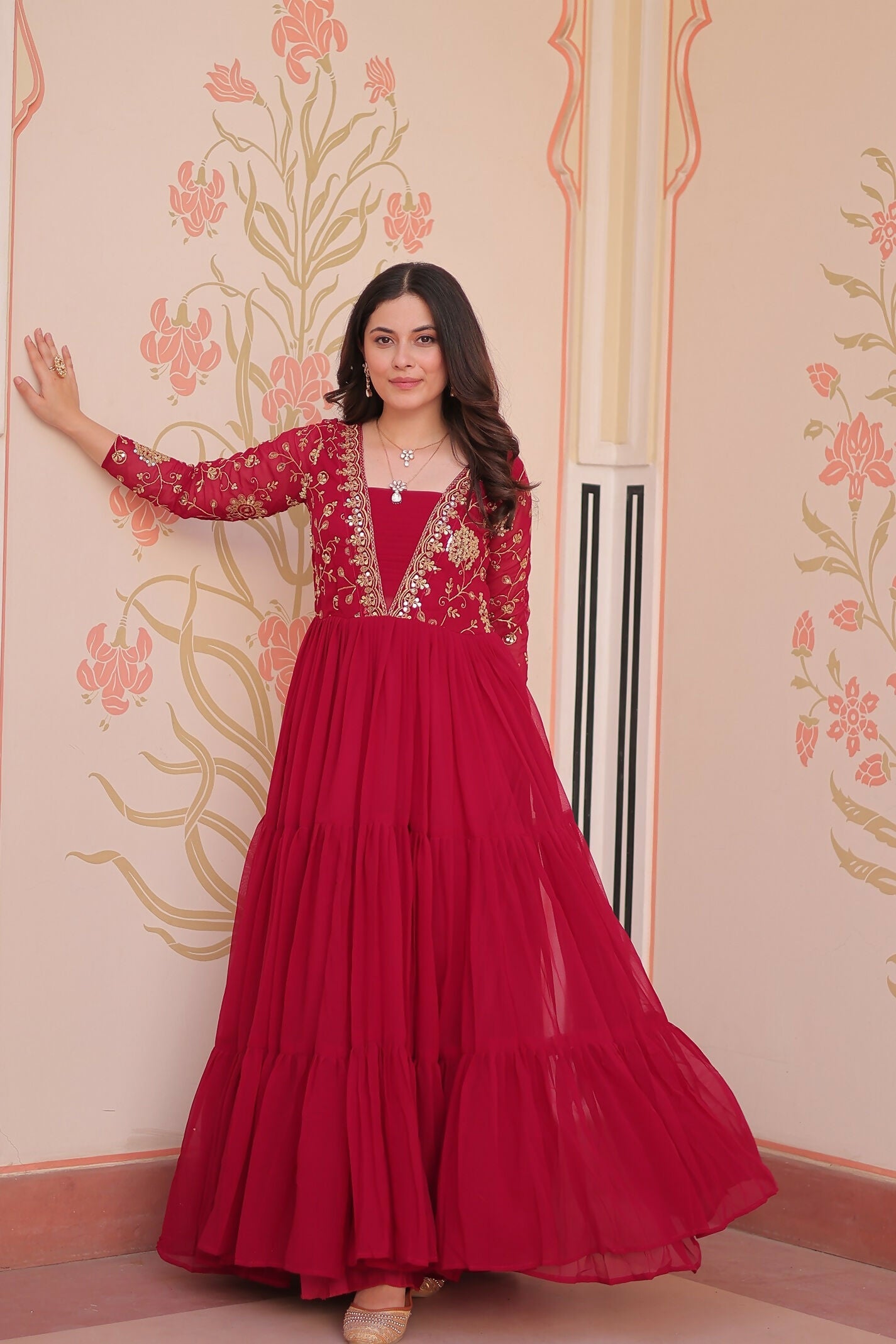 Elegant pink georgette dress with delicate sequence embroidery
