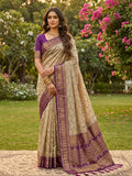 Chiku and Purple colored cotton saree with matching blouse piece