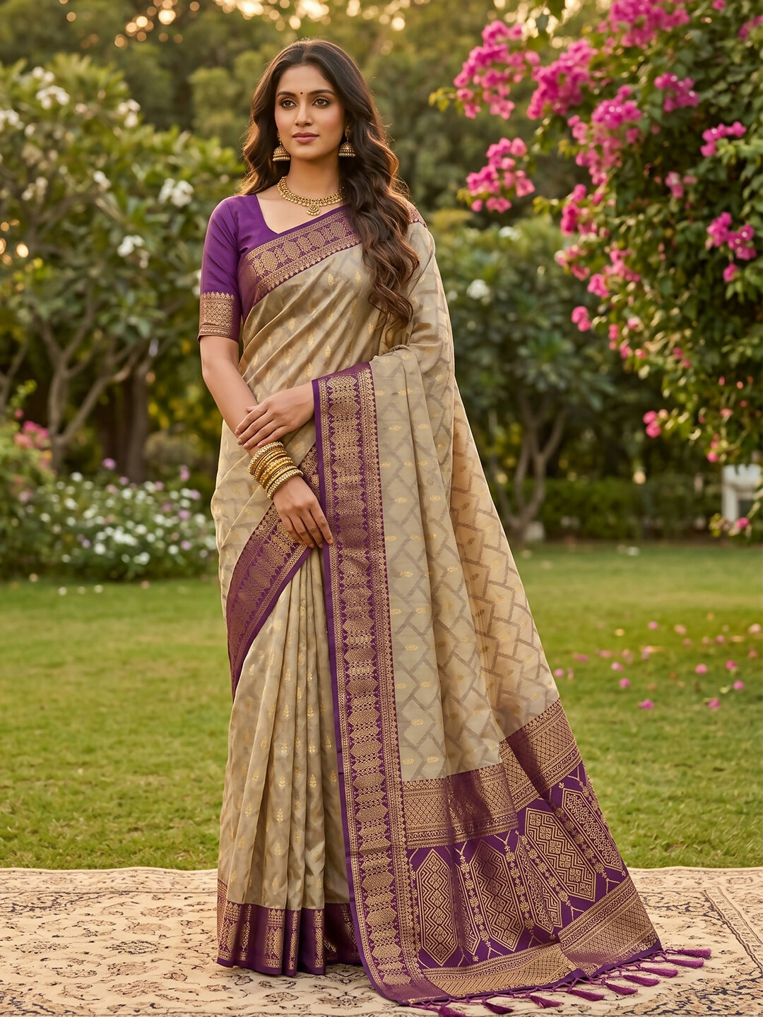 Chiku and Purple colored cotton saree with matching blouse piece