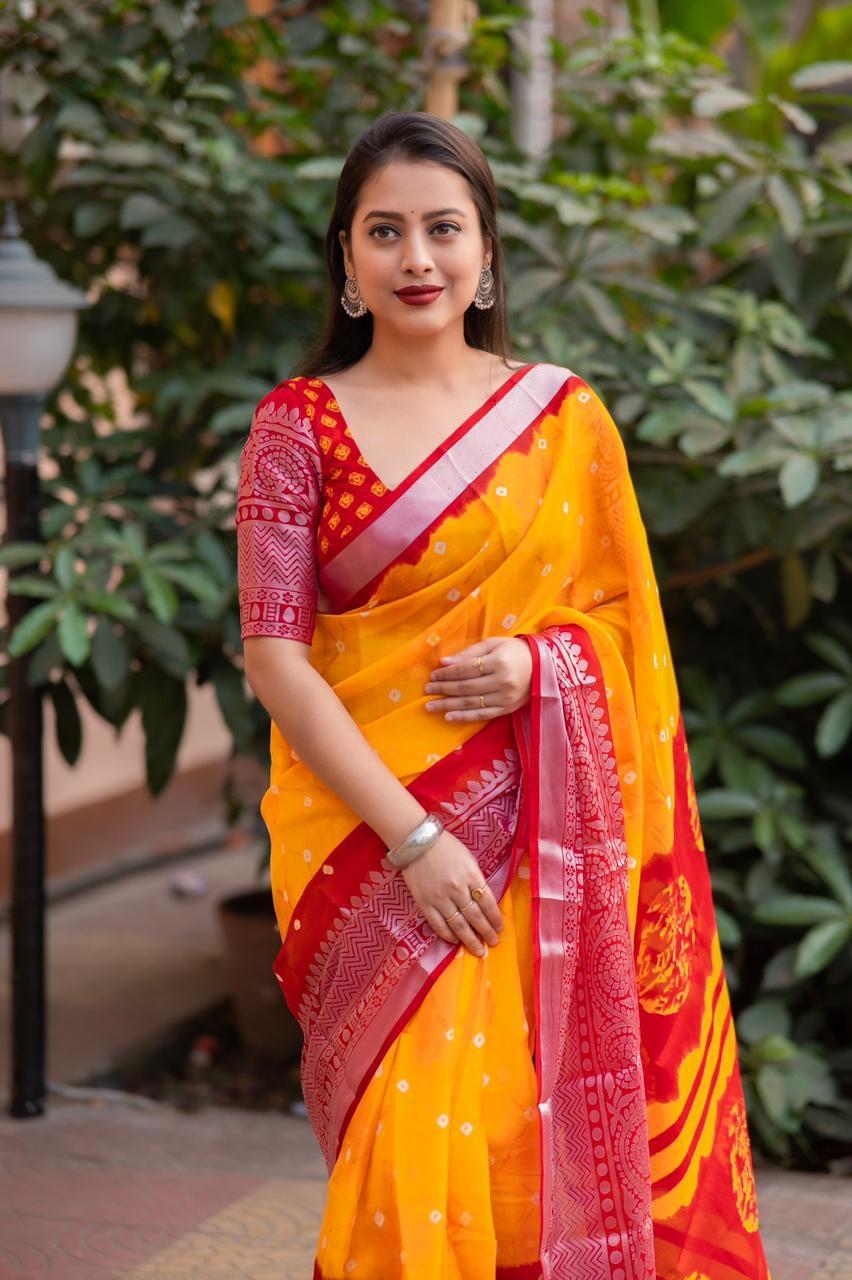 Orange Jute Silk Saree with Bandhani Print and Cutwork Border