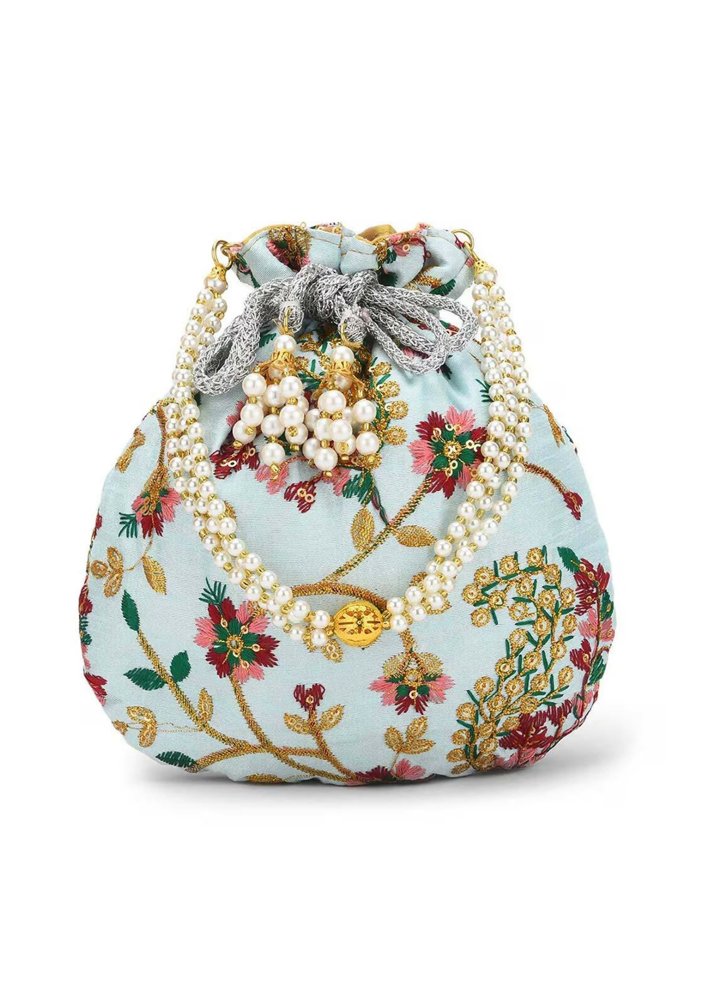 Sky blue embroidered potli clutch for traditional ethnic outfits