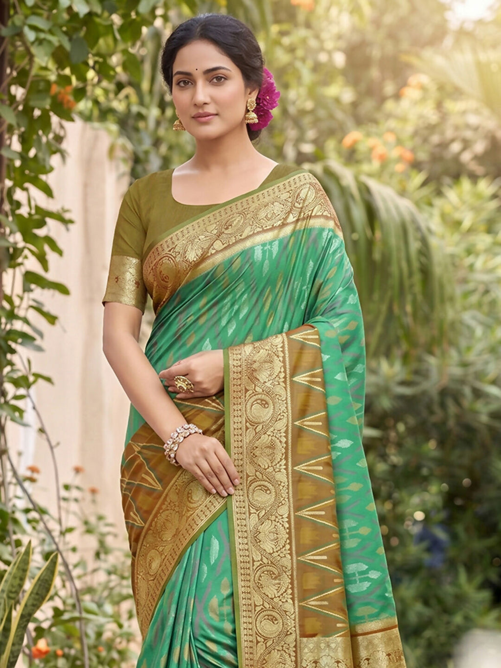 Rama Green Soft Silk Saree with Matching Blouse Fabric