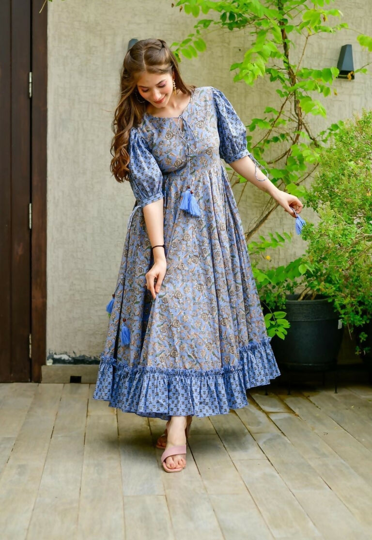 Women's Blue Heavy Digital Printed Cotton Silk Anarkali Dress