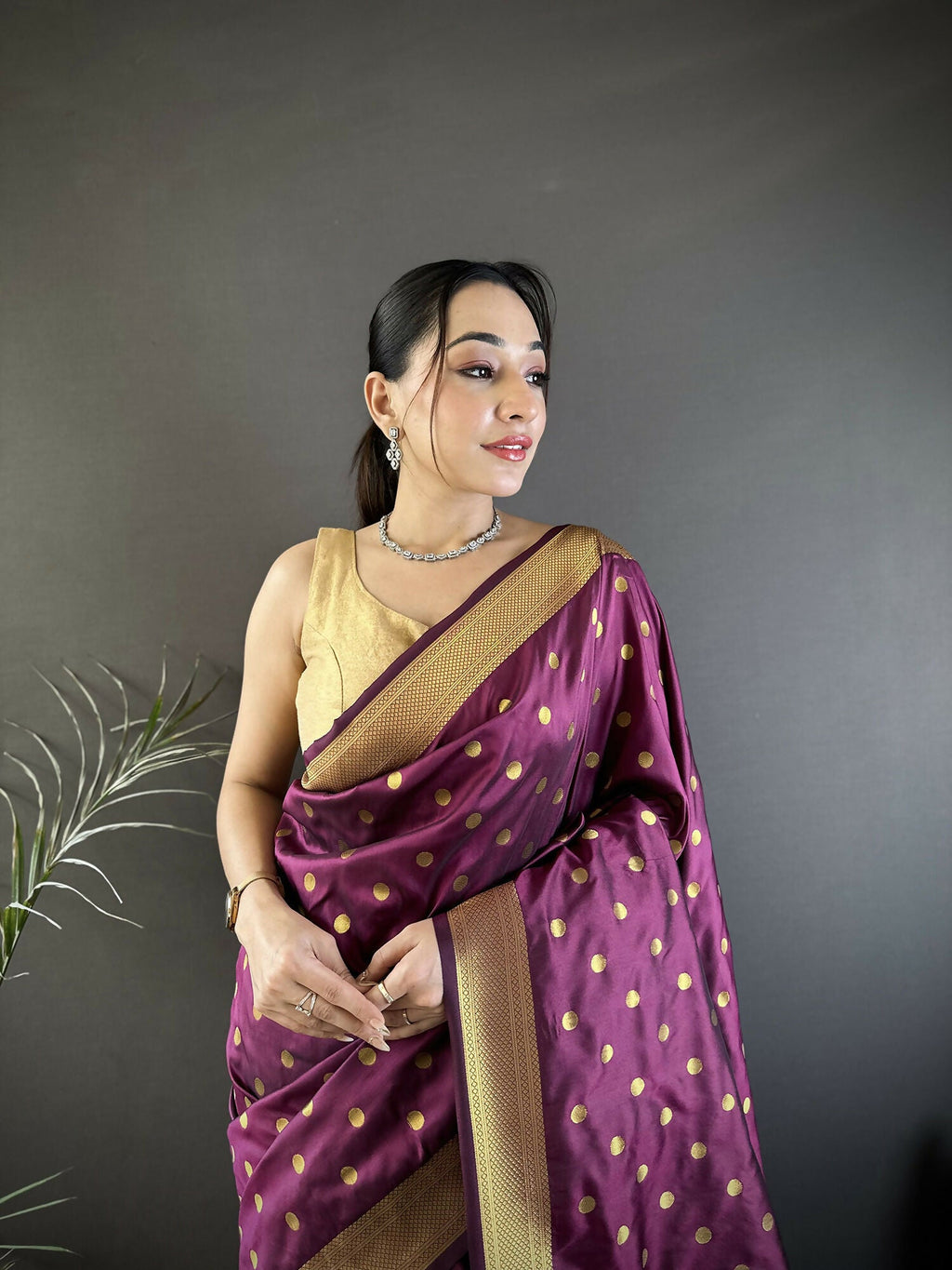 Wine Polka Dot Lichi Silk Paithani Saree with Matching Blouse