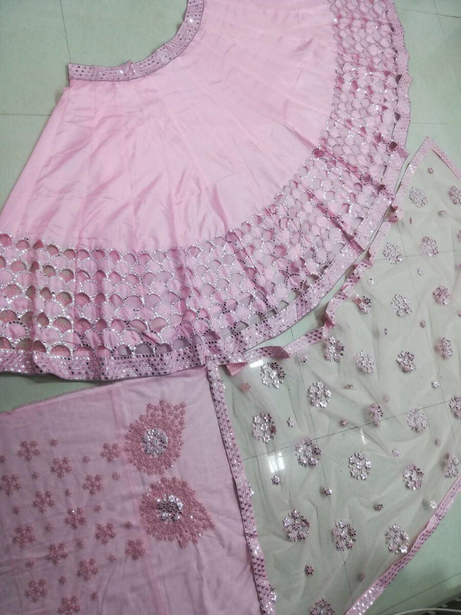 Baby Pink Silk Thread & Paper Mirror Lehenga Choli with Dupatta