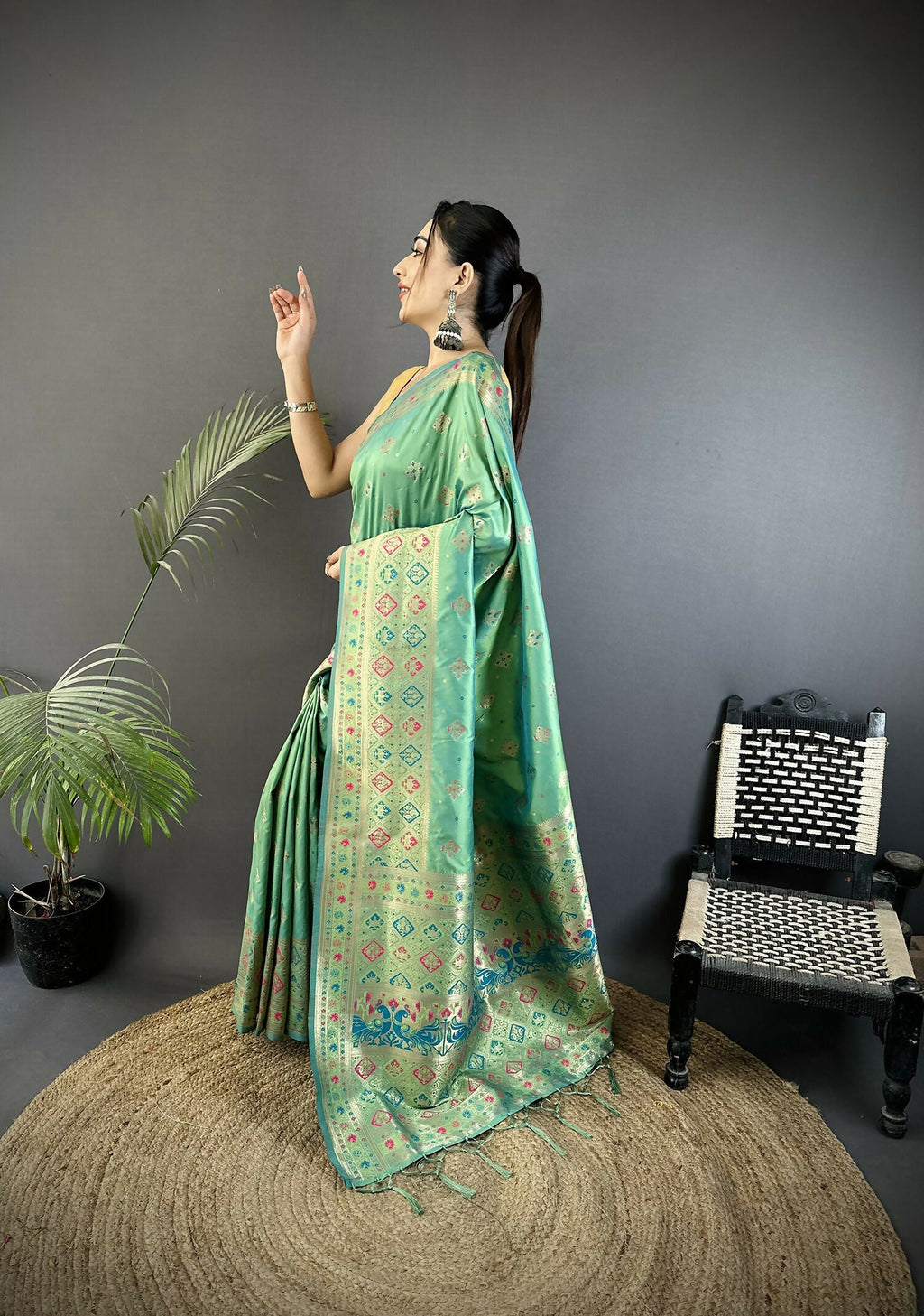 Sea Green Soft Silk Patola Saree with Geometric Print