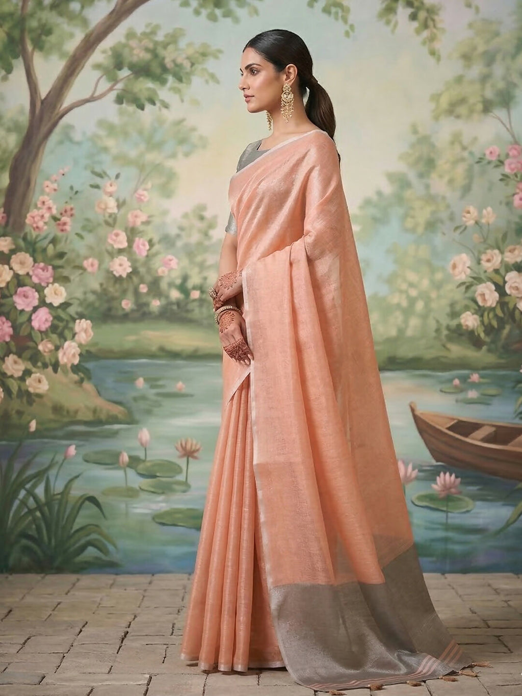 Peach Tissue Silk Saree with Matching Blouse Piece