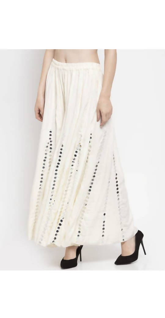 Women's White Mirror Work Palazzo Pants - Rayon Cotton Bottoms