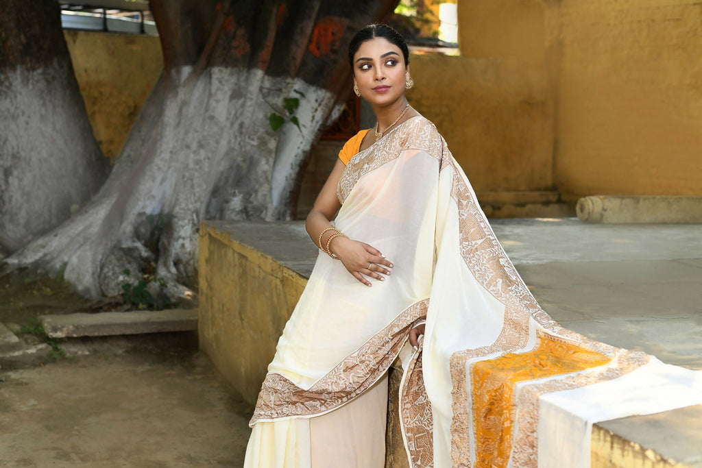 Cream Crepe Chiffon Banarasi Silk Handloom Saree