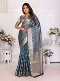 Teal Organza Silk saree with traditional weaving patterns