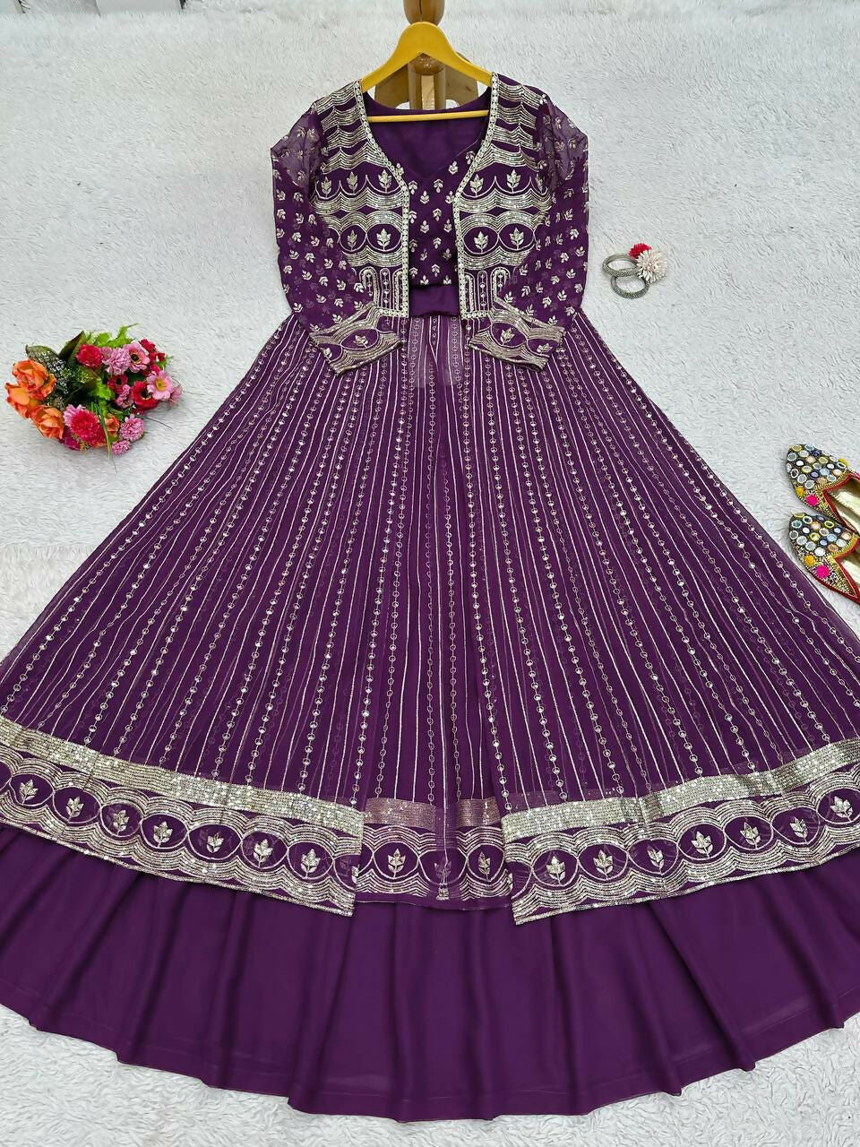 Wine Faux Georgette Sequins Embroidered Lehenga Choli with Shrug