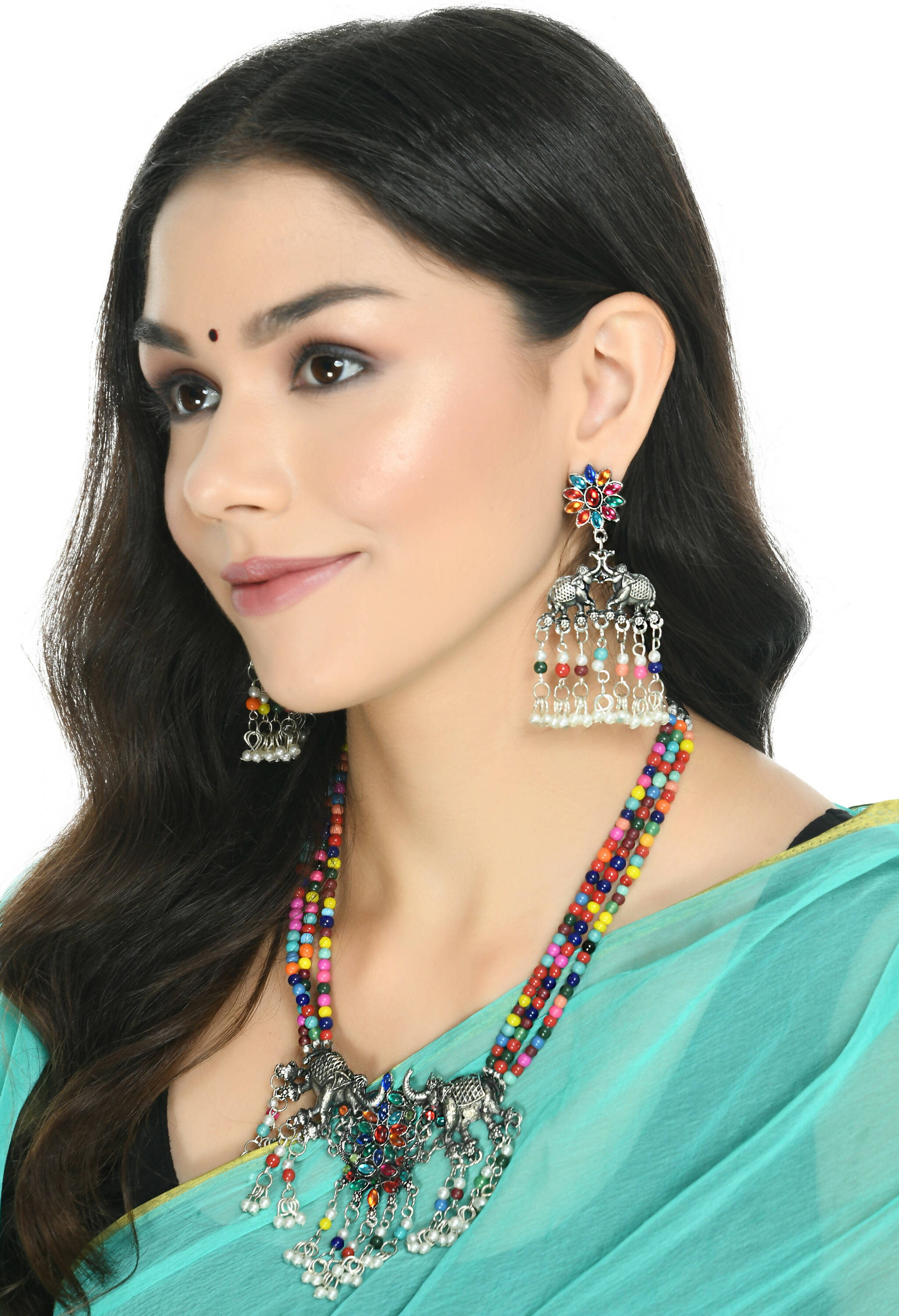 Multi-Color Elephant Design Choker in Silver-Plated Finish