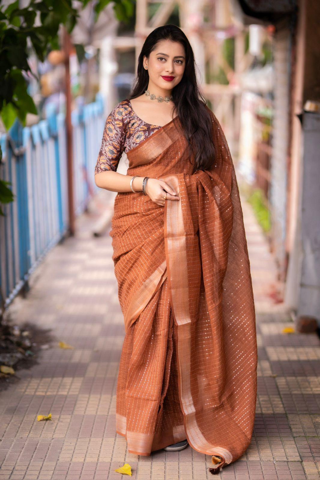 Brown Linen Sequence Saree with Unstitched Blouse - Hiral Fashion