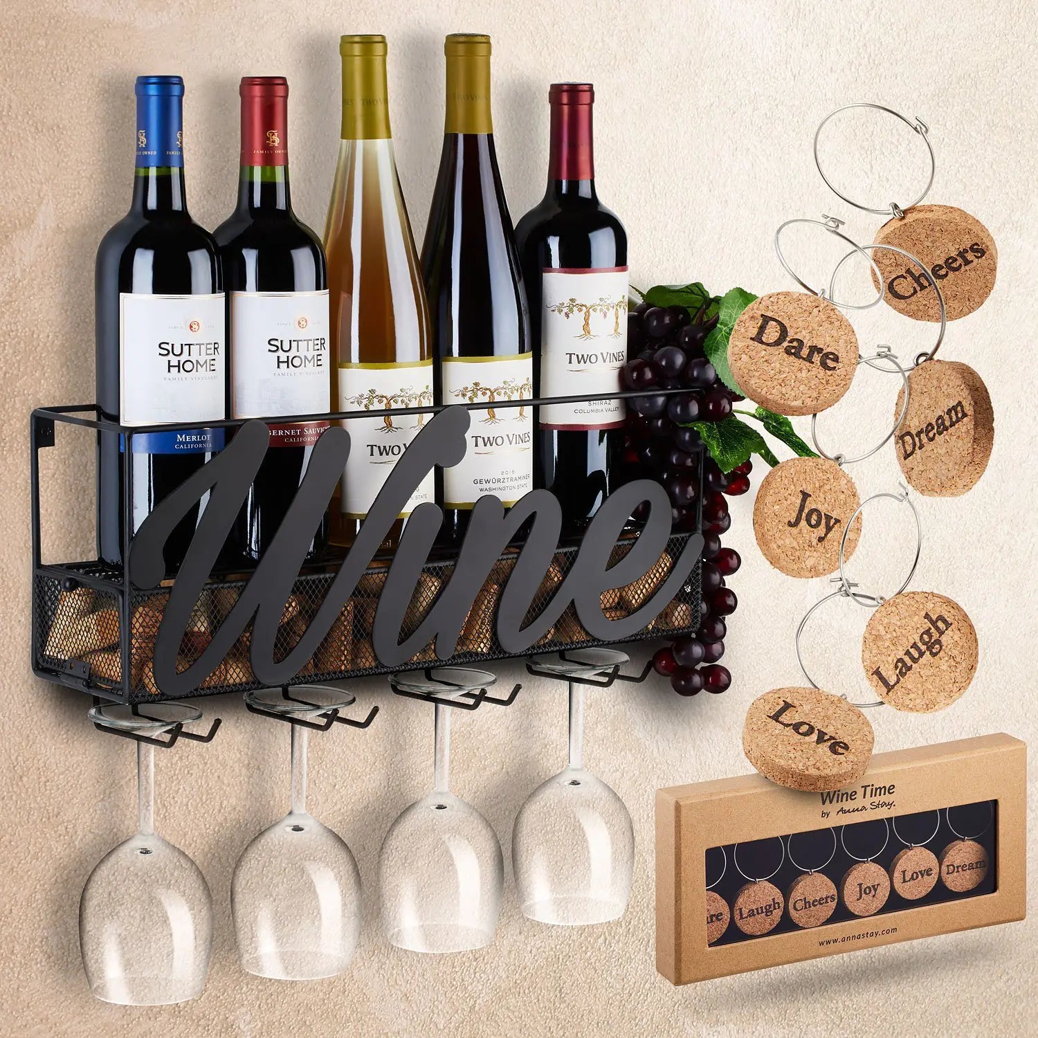 Vintage Iron Wall-Mounted Wine Rack and Glass Holder