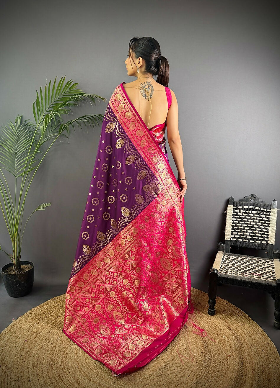 Magenta Banarasi Silk Saree with Butti Pattern and Blouse Piece