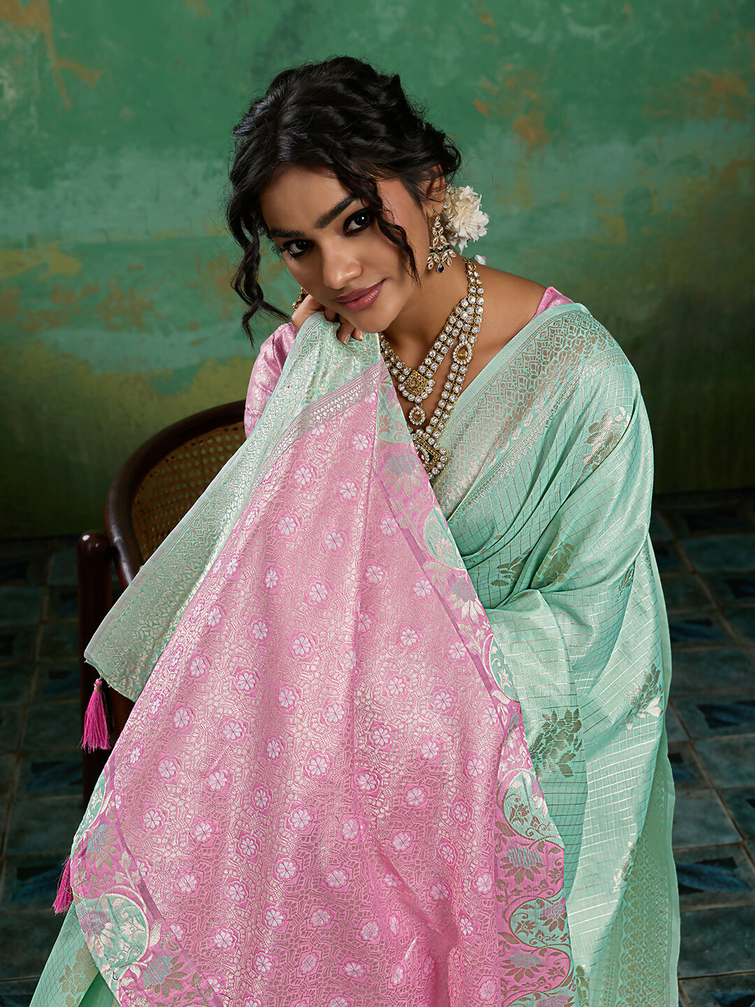 Rama Green Linen Cotton Saree with Matching Blouse